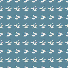 Seamless animal vector pattern, background with rabbits, grey silhouette over blue backdrop.