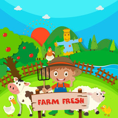 Fototapeta na wymiar Farmer and farm animals on the farm