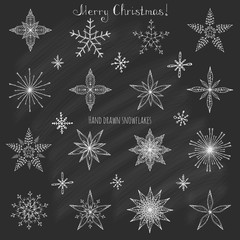Set of hand drawn snowflakes Christmas ornaments made from decorative snowflakes vector sketch illustration Christmas background with white snowflakes on dark background