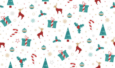 Christmas seamless pattern style flat on a white background. Bright New Year patern for wrapping paper, print, cover design, fabric. - 97349632
