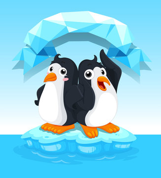 Cute penguins standing on ice