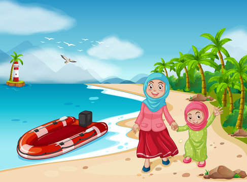 Muslim family on the beach