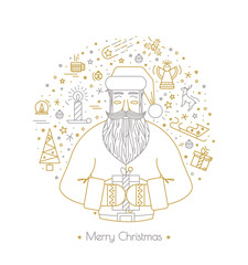Christmas Card 2016 Circle with elements of mistletoe, Santa Claus, Christmas tree, gift, snowflake. Color illustration style poster flet Gold and silver color © fighterfrancevna