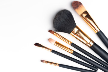 Various makeup brushes on white background 