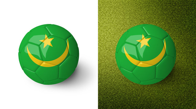 3d realistic soccer ball with the flag of Mauritania on it isolated on white background and on green soccer field. See whole set for other countries.