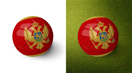 3d realistic soccer ball with the flag of Montenegro on it isolated on white background and on green soccer field. See whole set for other countries.
