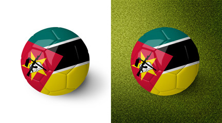 3d realistic soccer ball with the flag of Mozambique on it isolated on white background and on green soccer field. See whole set for other countries.