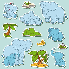 Fototapeta premium Set of cute animals and objects, vector stickers, family of elep