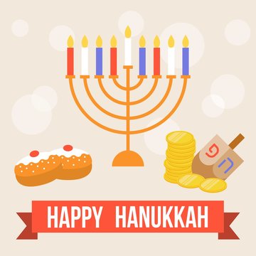 Vector happy hanukkah,menorah,dreidel coins and doughnut, flat design