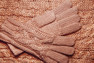 Fototapeta na wymiar Wool sweater or scarf and gloves texture close up.