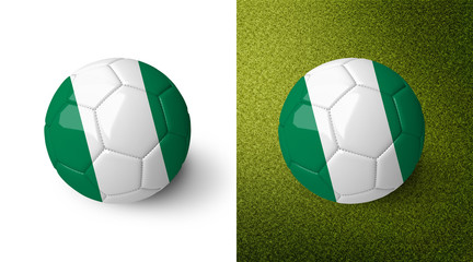 3d realistic soccer ball with the flag of Nigeria on it isolated on white background and on green...