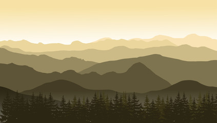 Mountain landscape in brown colors at the morning.  Vector illustration.