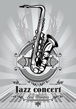 retro poster for jazz concert with saxophone and piano