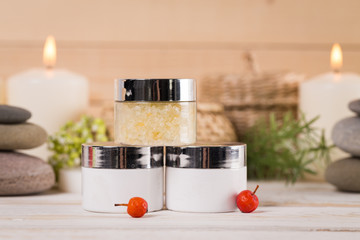 Composition of spa treatment on the white wooden table