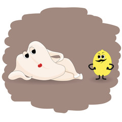 Doodle lemon wants to be baked inside the chicken illustration with a hint