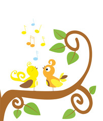 Two cute little cartoon birds singing on the tree branch and notes / joyful spring