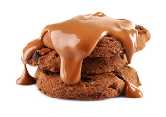 Chocolate poured on a biscuit isolated on white