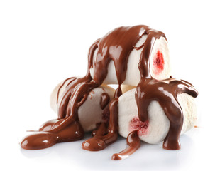Chocolate poured on marshmallow isolated on white