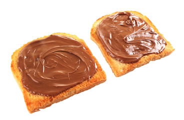 Chocolate poured on piece of bread isolated on white