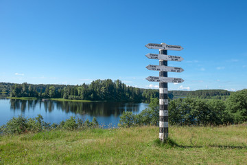 Road sign at the crossroads in the Russian province