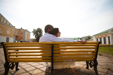 cute couple full in love on the background wonderful fountain in park 