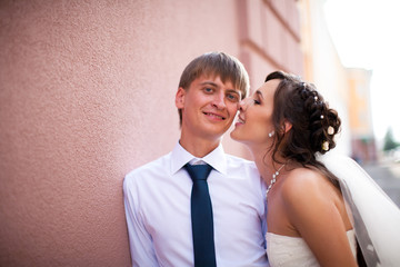 cute couple full in love on the background wonderful fountain in park 