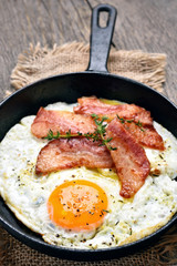 Fried eggs and bacon in frying pan