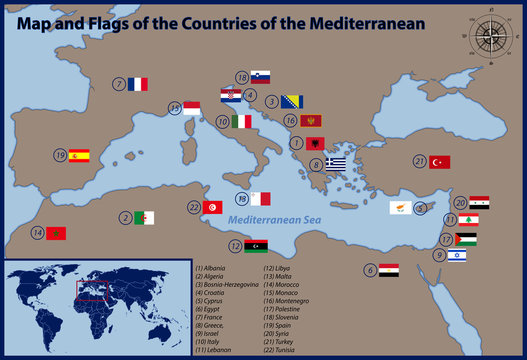 Map and Flags of the Countries of the Mediterranean