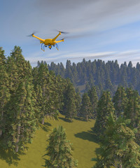 Fototapeta na wymiar 3D render of a UAV drone surveying a forest. Fictitious UAV; generic forested area with trees in the distance muted by atmospheric effects, overcast sky and motion blur for dramatic effect.