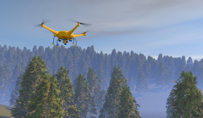 Fototapeta na wymiar 3D render of a UAV drone surveying a forest. Fictitious UAV; generic forested area with trees in the distance muted by atmospheric effects, overcast sky and motion blur for dramatic effect.