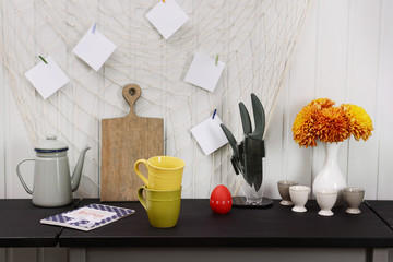 Kitchenware on table in the room