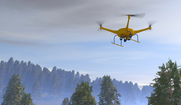 3D render of a UAV drone surveying a forest. Fictitious UAV; generic forested area with trees in the distance muted by atmospheric effects, overcast sky and motion blur for dramatic effect.