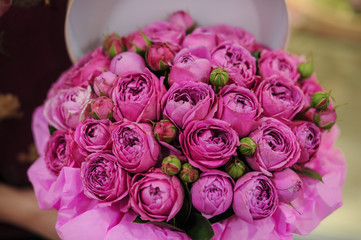 big bright pink roses bouquet in round box