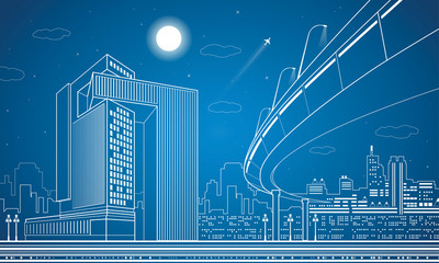 Vector nigh town, architecture, lines design, city infrastructure, overpass