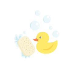 Yellow bath duck with sponge and bubbles.