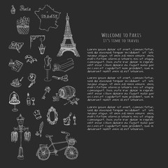 Fototapeta na wymiar Set of hand drawn French icons, Paris sketch illustration, doodle elements, Isolated national vector elements Travel to France icons for cards, web pages, travel articles Paris symbols collection