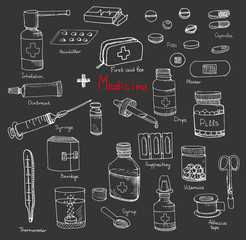Set of health care and medicine hand drawn icons, doodle medical elements, vector background with wellness freehand drawings Vector sketch illustration with outlined medical icons
