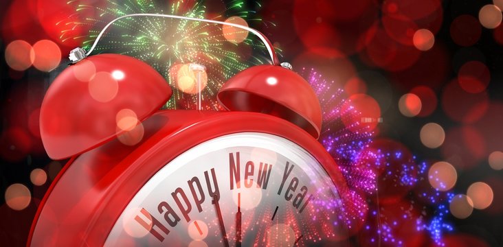 Composite image of happy new year in red alarm clock