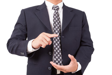 Businessman pointing finger on empty hand on white background