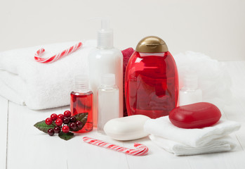 Shampoo, Soap Bar And Liquid. Toiletries, Spa Kit, Towels