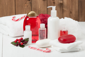 Shampoo, Soap Bar And Liquid. Toiletries, Spa Kit, Towels