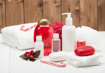 Obraz na płótnie Canvas Shampoo, Soap Bar And Liquid. Toiletries, Spa Kit, Towels