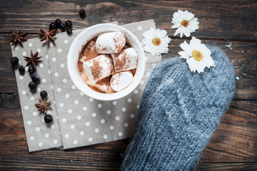 knitted mittens and hot chocolate with marshmallow