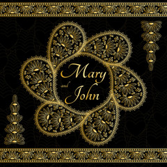 Floral paisley background with indian ornament and place for your text. Golden design with hearts