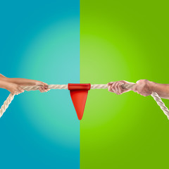 Hands of people pulling the rope on color background. Competition concept