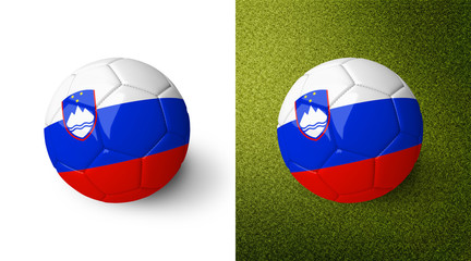 3d realistic soccer ball with the flag of Slovenia  on it isolated on white background and on green soccer field. See whole set for other countries.
