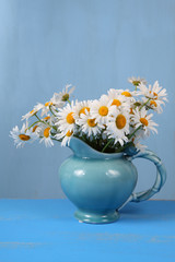Beautiful chamomiles in a blue jug