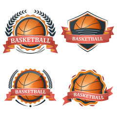 Set of basketball sport vector icons with ribbons, laurel wreath and ball.