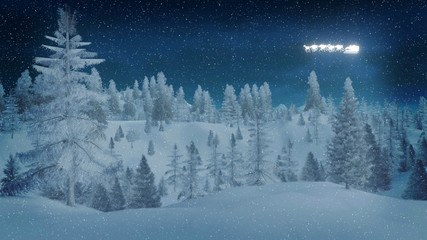 Dreamlike winter night in a snow-covered spruce forest and silhouette of Santa Claus on his sleigh in the sky. Decorative 3D illustration.