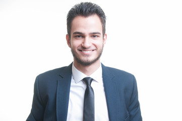 Happy businessman, positive emotions, portrait on white background